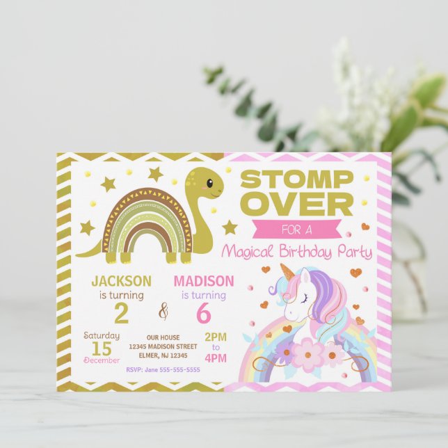 Dinosaur & Unicorn Joint Birthday Invitation Inbjudningar (Stående Fram)