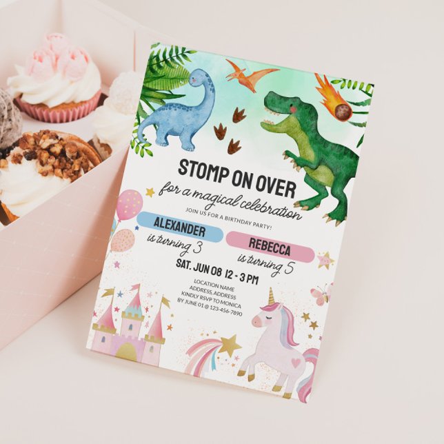 Dinosaur & Unicorn Joint Kids Birthday Inbjudningar (Joint Kids Birthday Invitation - Dinosaur & Unicorns)