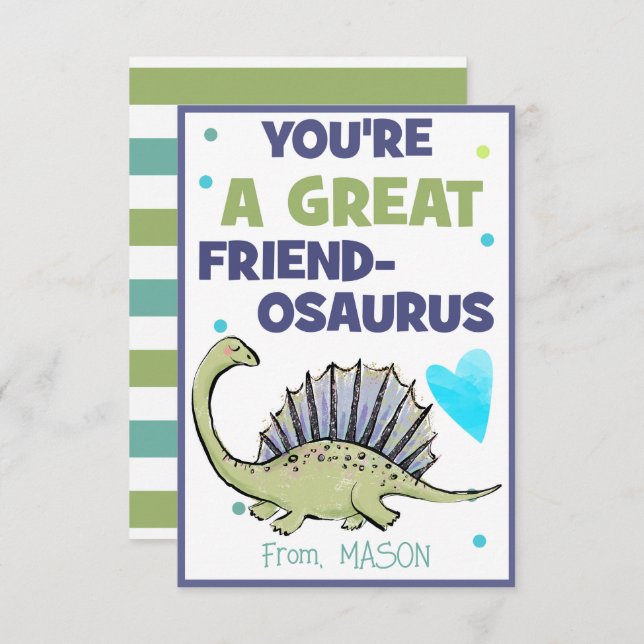 Dinosaur Valentine Card för barn Friend-Osaurus Anteckningskort (Fram/baksida)