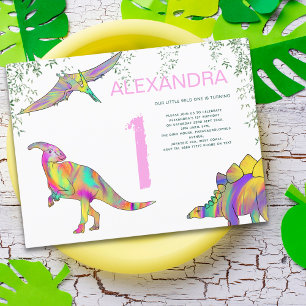 Dinosaur Vattenfärg 1-års Födelsedagsfest Rosa Bud Inbjudan Vykort