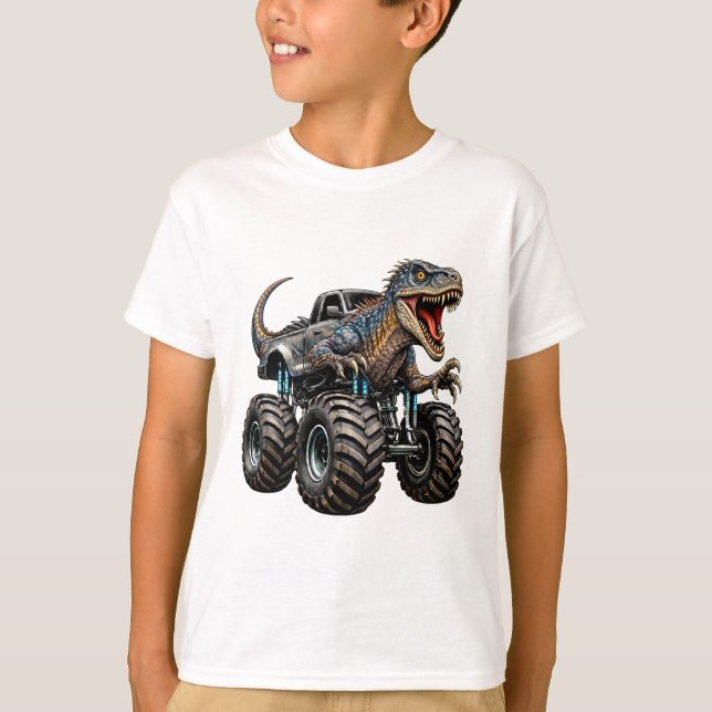 Dinosaur Velociraptor Monster Truck T Shirt (Framsida)