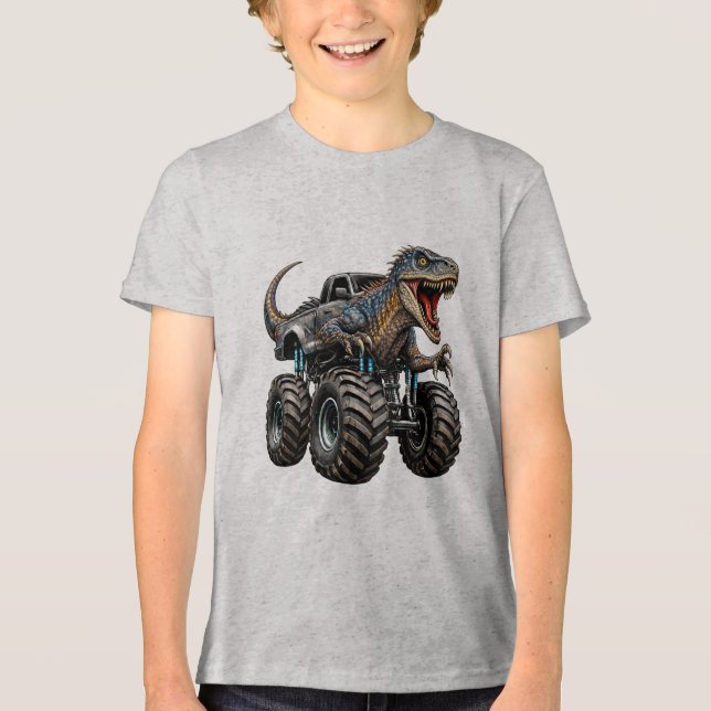 Dinosaur Velociraptor Monster Truck T Shirt (Framsida)