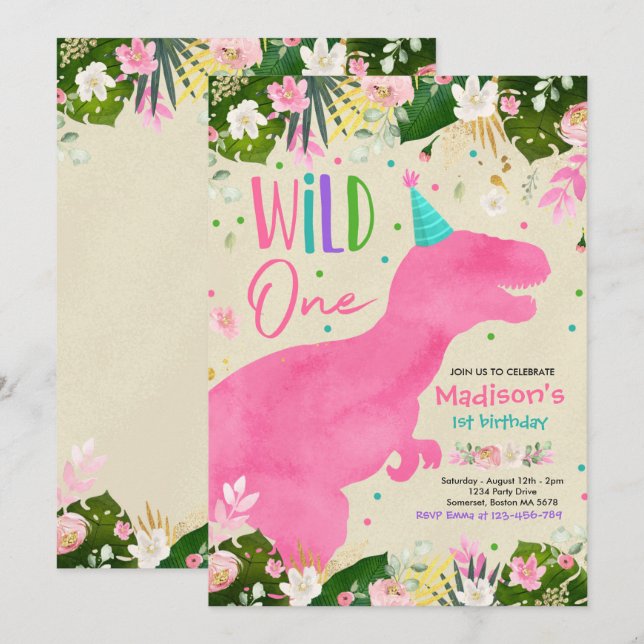 Dinosaur Vild Rosa Dinosaur Birthday Inbjudningar (Fram/baksida)