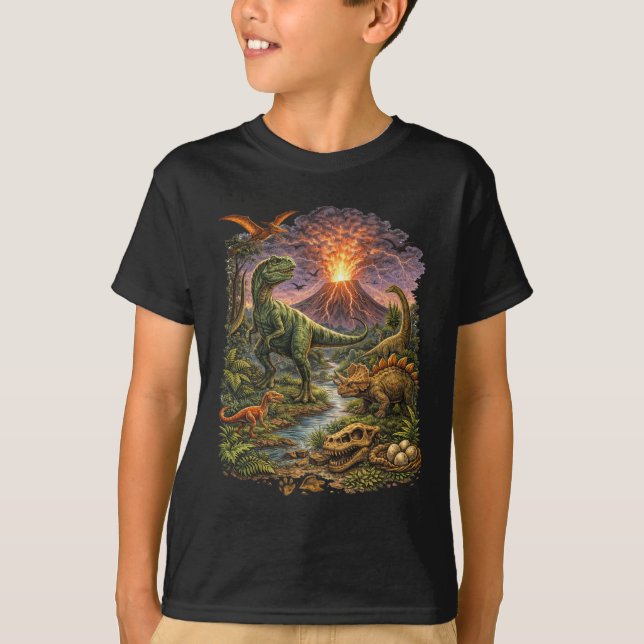Dinosaur Volcano Eruption Kids T-Shirt (Framsida)