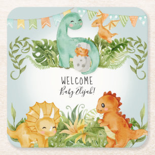 Dinosaur Watercolor Foliage Pojke Shower Underlägg Papper Kvadrat