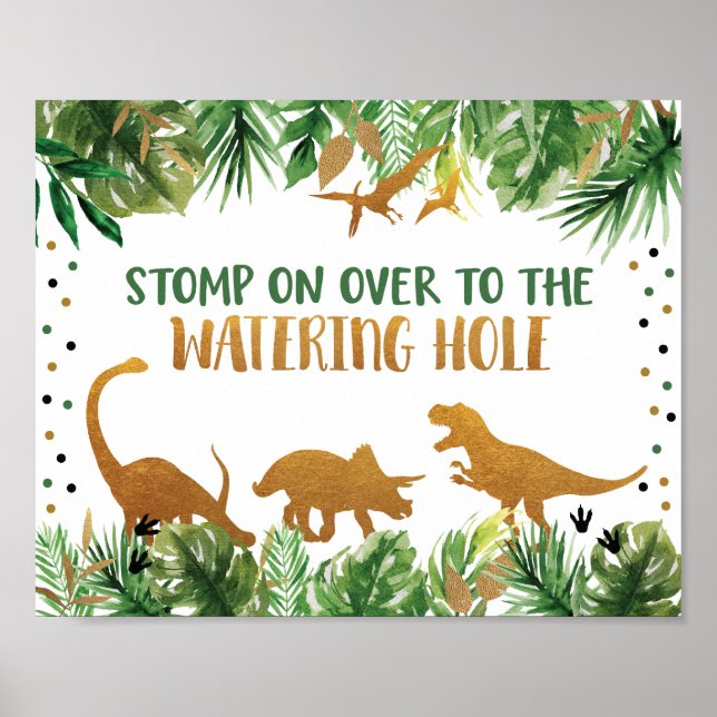 Dinosaur Watering Hål Birthday Bord-tecken Poster (Framsidan)