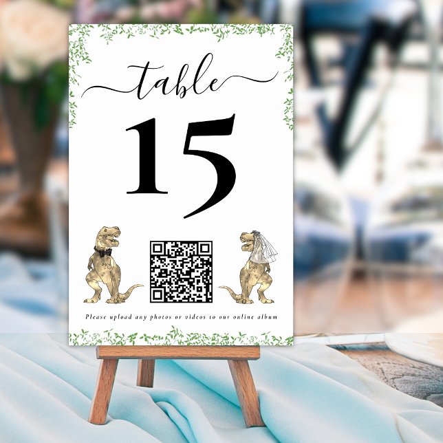Dinosaur Wedding QR Code Table Number Bordsnummer (Dinosaur wedding qr code table number card T-Rex bride & groom dino watercolor eucalyptus foliage)