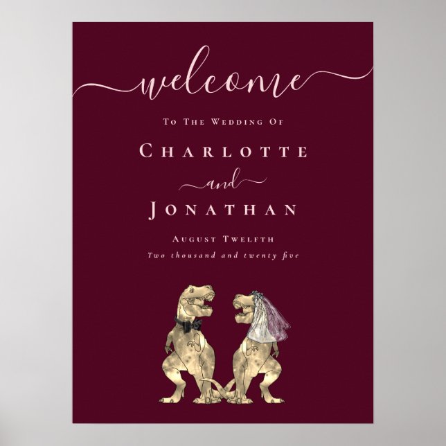 Dinosaur Wedding Welcome Burgundy Wine Blush Pink Poster (Framsidan)