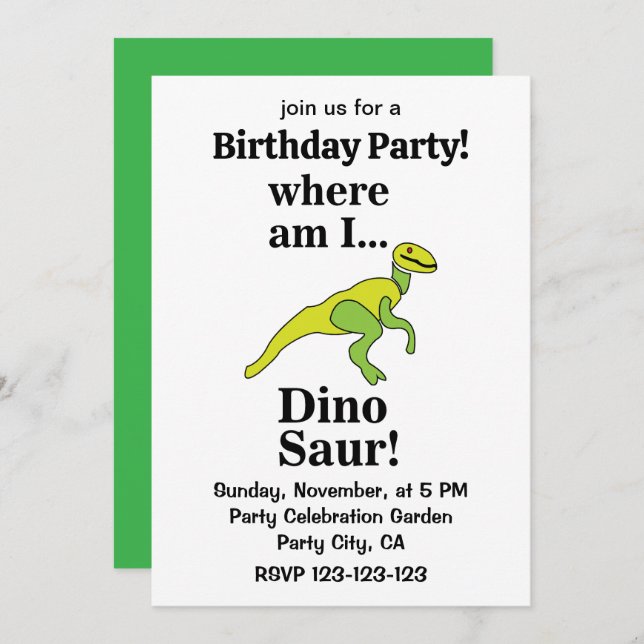 Dinosaur Where Am I Funny Birthday Party Inbjudningar (Fram/baksida)