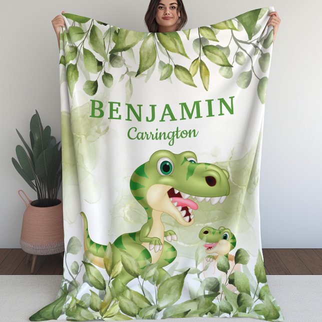 Dinosaur with Lövs Kid's Blanket for Boys Fleecefilt (Dinosaur with Leaves Kid’s Blanket for Boys (L))