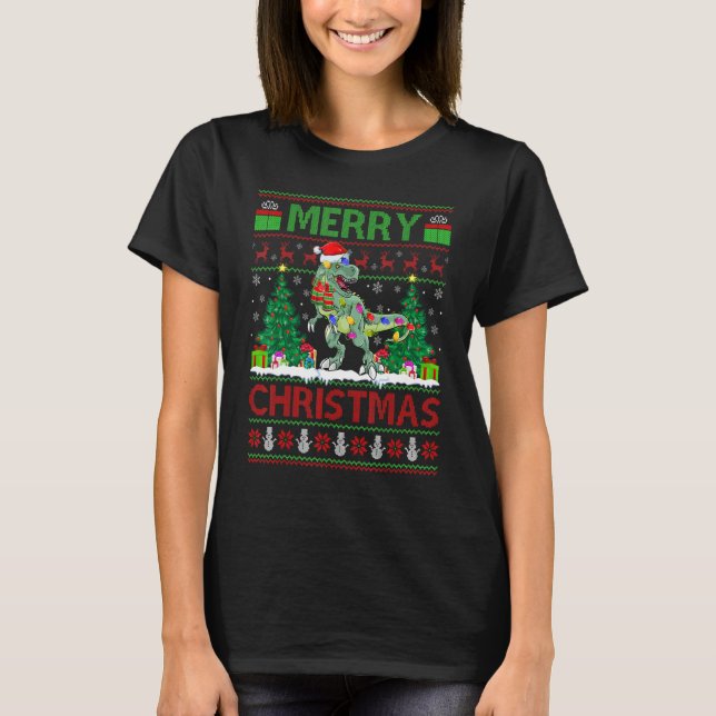 Dinosaur   Xmas Tree Light Ugly Santa Dinosaur Chr T Shirt (Framsida)