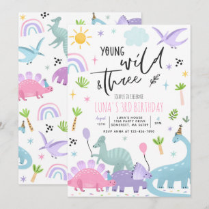 Dinosaur Young Vild och 3:e födelsedagen Party Inbjudningar