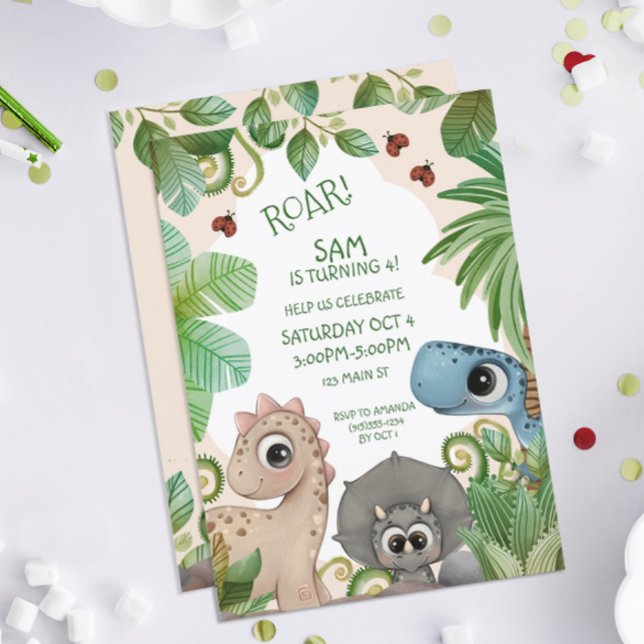 Dinosaurbarn 4-års födelsedag inbjudningar (Dinosaur Birthday Party Invitations)