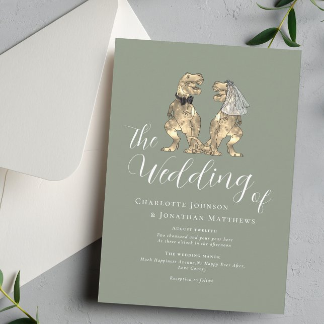 Dinosaurbröllop Elegant Sälggrönt Inbjudningar (Dinosaur theme sage green wedding  invitation T-Rex dino bride and groom elegant script )