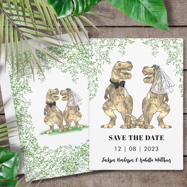 Dinosaurbröllop Spara Datumet (T-Rex bride and groom dinosaur wedding funny save the date invitation)