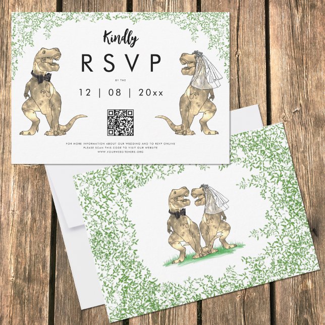 Dinosaurbröllop svar QR-kod (Funny T-Rex bride and groom dinosaur jungle wedding  original artwork by artist Catherine Sweetman )
