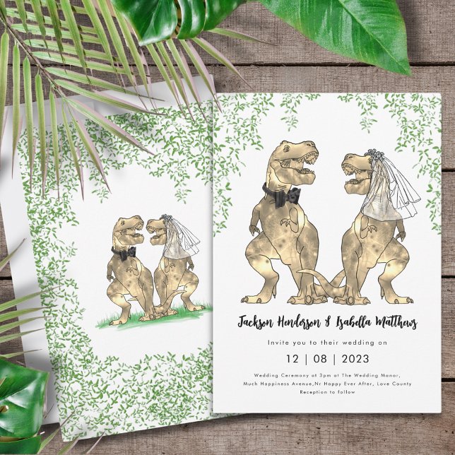 Dinosaurbröllop T-Rex Brud och Brudgum Inbjudningar (T-Rex bride and groom dinosaur wedding invitation)
