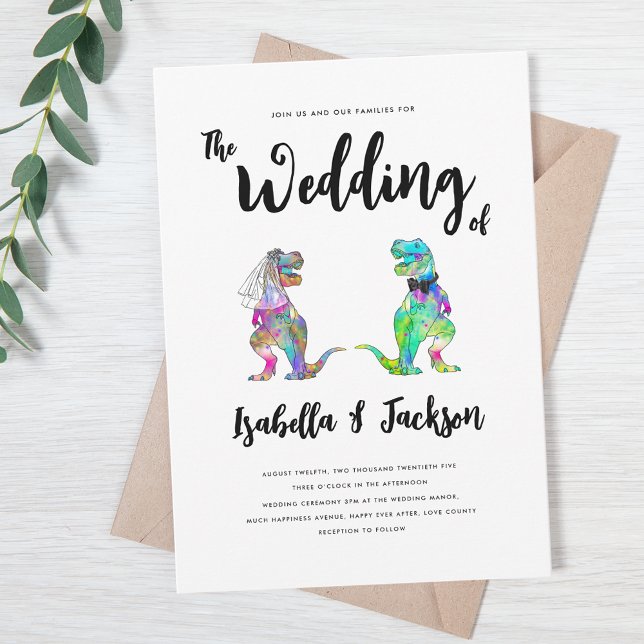 Dinosaurbröllop T-Rex Brud och Brudgumme Inbjudningar (Colorful T-Rex bride and groom fun dinosaur wedding invitation with whimsical script)