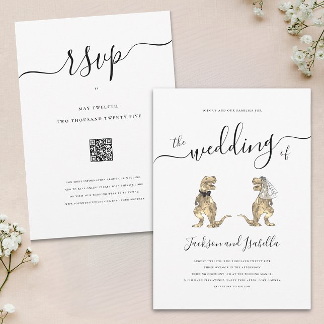 Dinosaurbröllop T-Rex Brud och Brudgumme Inbjudningar (Elegant script Dinosaur theme wedding invitation with wedding RSVP website qr code minimalist design)
