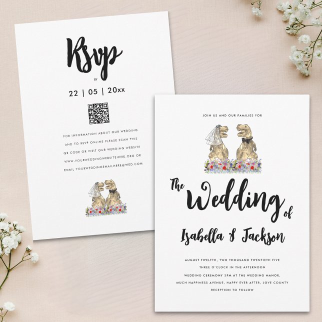 Dinosaurbrud och -brudgum Boho vildblomma bröllop Inbjudningar (Dinosaur theme wildflower wedding invitation with T-Rex bride and groom wedding website rsvp qr code)