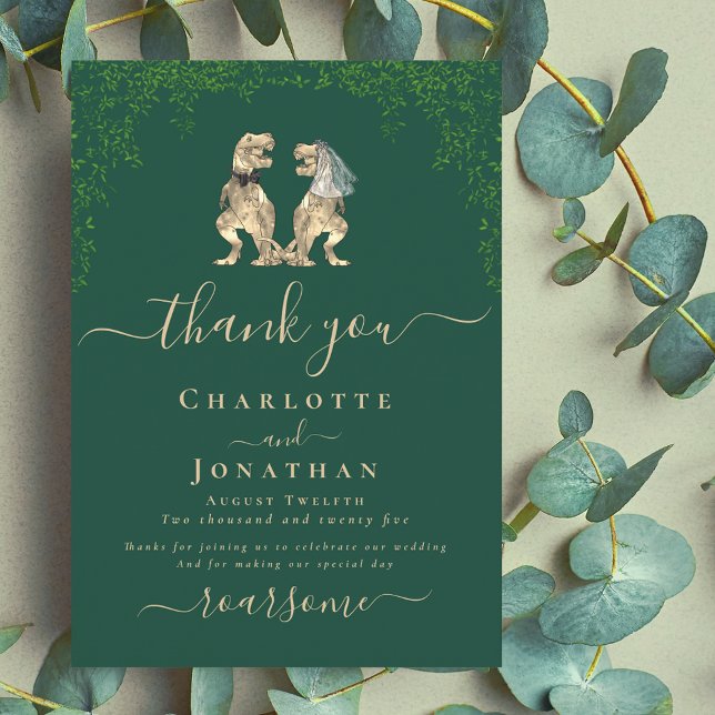 Dinosaurbrud och Brudgum Bröllop Tack Kort (Dinosaur wedding dark green custom thank you card Eucalyptus foliage T-Rex dino bride and groom )