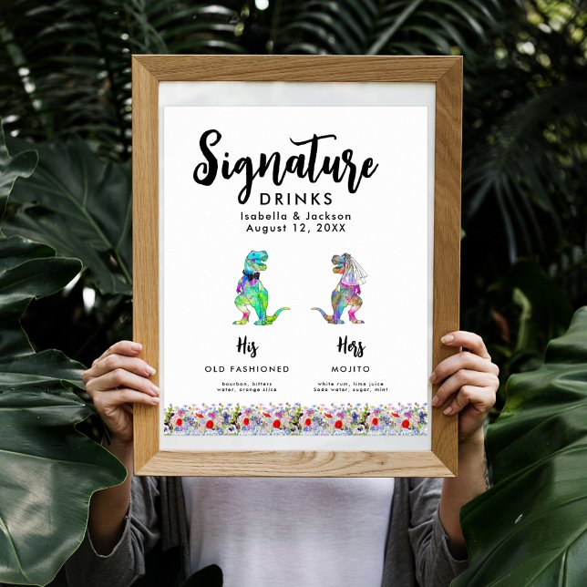 Dinosaurbrud och brudgum Bröllops signaturdrycker Poster (Dinosaur bride and groom wedding signature drinks poster with colorful T-Rex and boho wildflowers)