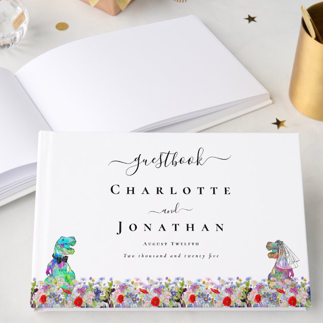 Dinosaurbrud och -brudgumme Anpassade vildblomma B Gästböcker (Funny Dinosaur bride and groom custom wildflower wedding guestbook Colorful watercolor florals)