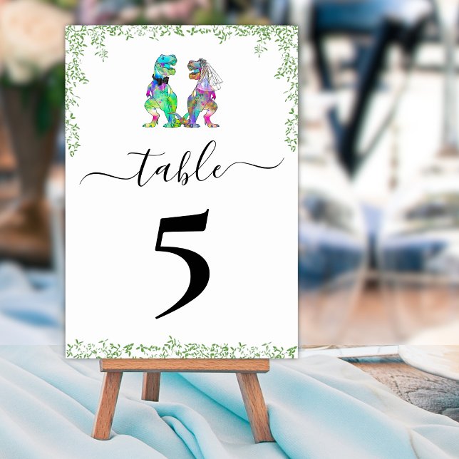 Dinosaurbrud och brudgumme Bordnummer för bröllop Bordsnummer (Funny T-Rex bride and groom custom dinosaur wedding table number card watercolor Jurassic foliage )