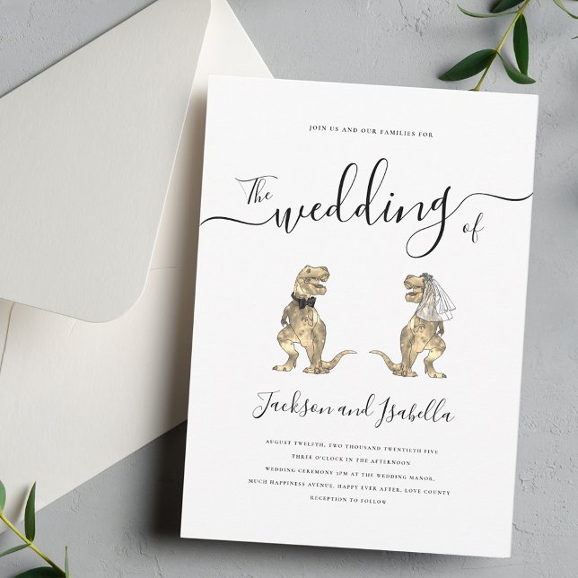 Dinosaurbrud och -brudgumme Svart och vit bröllop Inbjudningar (Dinosaur bride and groom elegant modern script black and white destination wedding invitation )