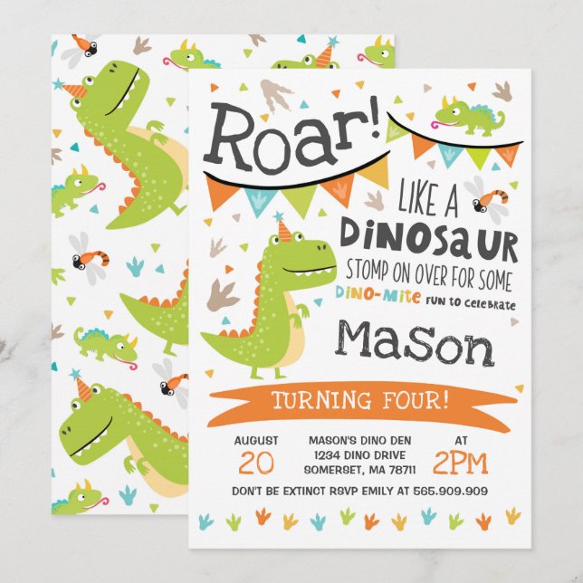 Dinosauren för Dinosaurfödelsedaginbjudan vrålar Inbjudningar (Fram/baksida)