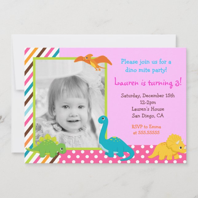 Dinosaurfödelsedaginbjudan för flicka inbjudningar (Framsida)