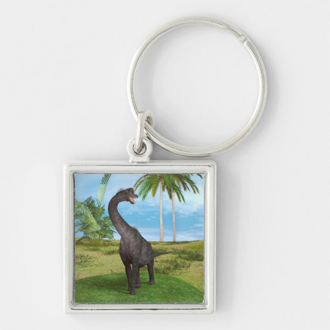 Dinosaurie Brachiosaurus Fyrkantig Silverfärgad Nyckelring (Framsidan)
