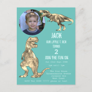 Dinosaurie-fest T Rex Pojkar 2-årsdag Teal Foto Inbjudan Vykort
