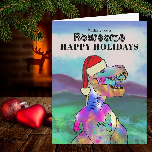 Dinosaurie jul T Rex Tomte Personlig Kort (Christmas Dinosaur T-Rex wearing a Santa hat holiday greetings card)