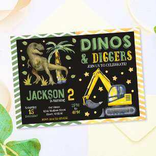 Dinosaurie- och bygg-dinosaurier och grävmaskiner inbjudningar