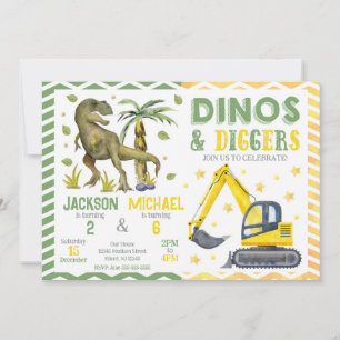 Dinosaurie- och byggfirande gemensam födelsedag inbjudningar