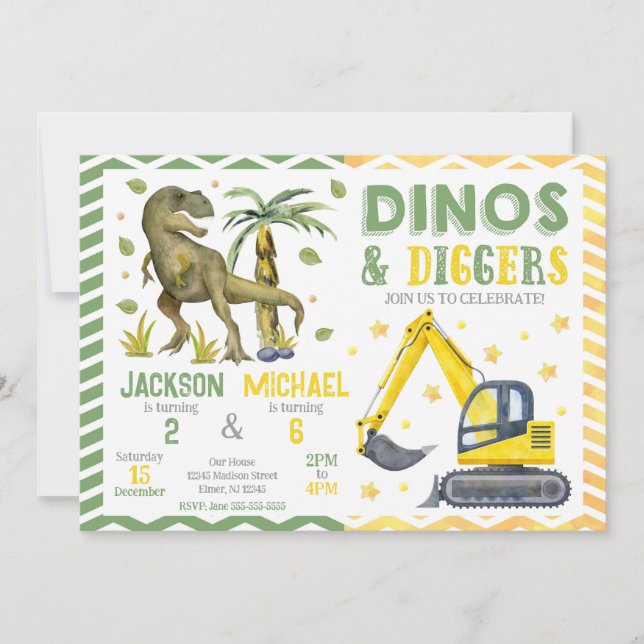 Dinosaurie- och byggfirande gemensam födelsedag inbjudningar (Framsida)