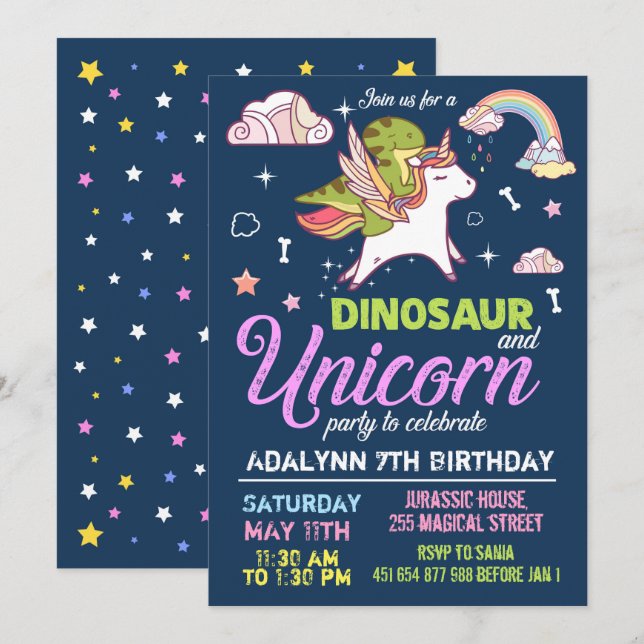 Dinosaurie- och enhörningsinbjudan - SYSKONINBJUDA Inbjudningar (Fram/baksida)