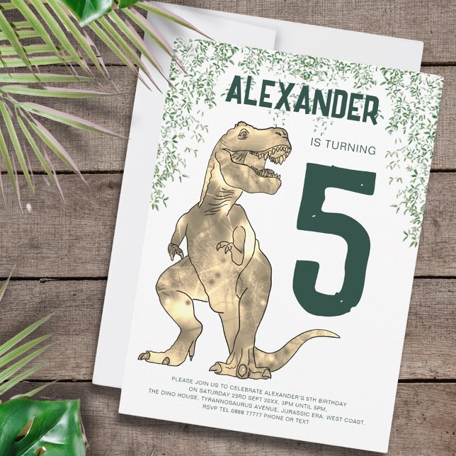 Dinosaurie T-Rex 5-års födelsedagsfest Inbjudningar (T-Rex roar dinosaur jungle 5th birthday party custom invitation )