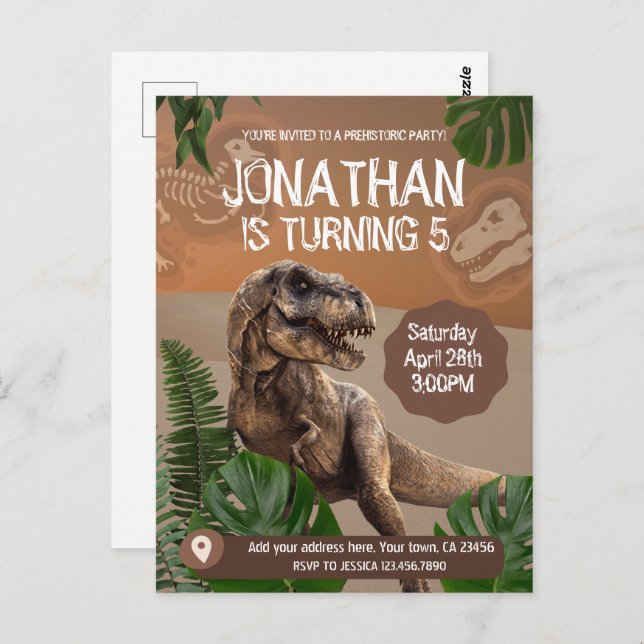 Dinosaurie T rex Födelsedagsfest tema party Vykort (Fram/baksida)