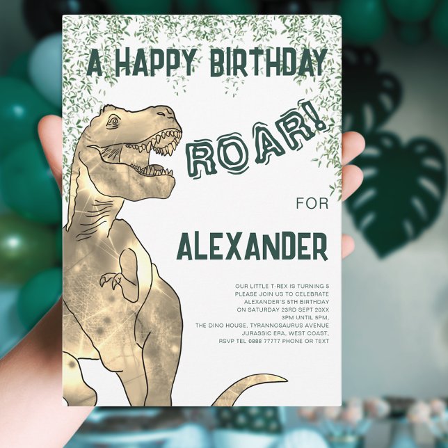 Dinosaurie T-Rex rytande 5-års födelsedagsfest Inbjudningar (T-rex roar dinosaur jungle 5th birthday party custom invitation )