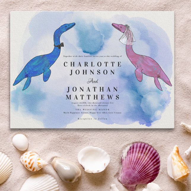 Dinosaurie tema bröllop akvarell hav inbjudan (Watercolor sea fun dinosaur theme wedding invitation in blue purple and pink)