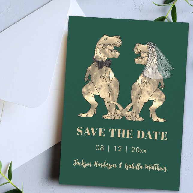 Dinosaurie-tema Bröllop Grönt Spara Datumet (Simple funny dinosaur wedding save the date emerald green card)