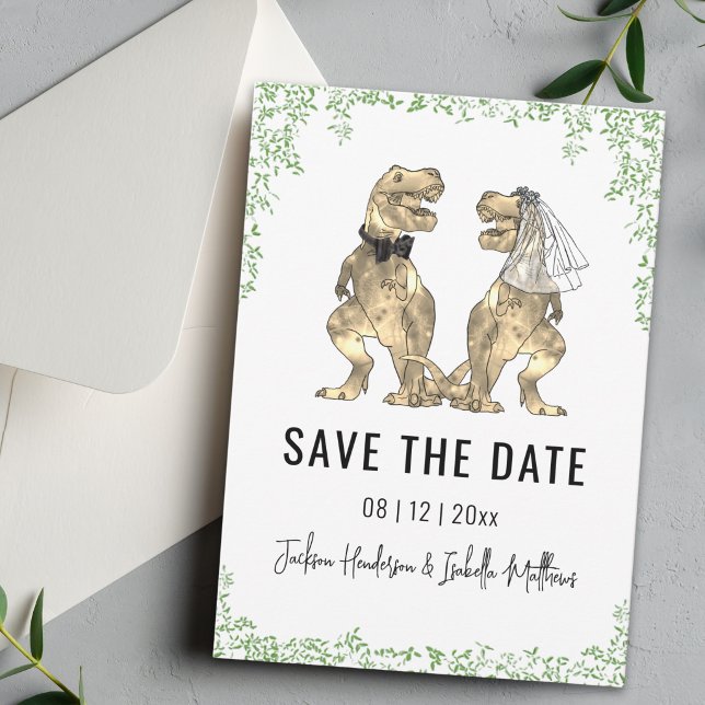 Dinosaurie-tema Bröllop Grönt  Spara Datumet (Funny dinosaur T-Rex bride and groom green foliage wedding save the date card)