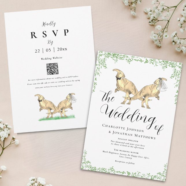Dinosaurie-tema Bröllop QR-kod Inbjudan (Cute Dinosaur theme wedding QR Code invitation parasaurolophus Dinosaur bride and groom greenery)