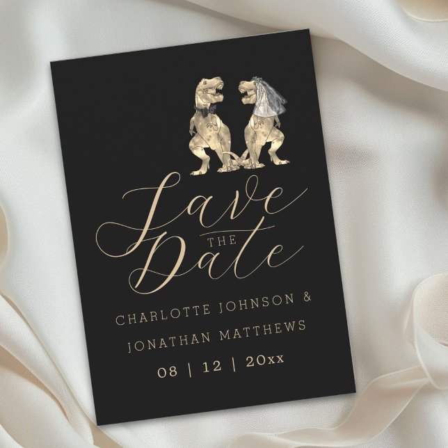 Dinosaurie-tema Bröllop Spara Datumet (Elegant dinosaur theme wedding save the date invitation Funny jurassic T-Rex bride & groom)