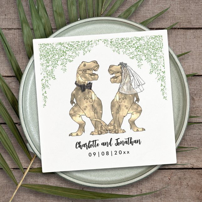 Dinosaurie-tema Bröllop T-Rex Brud och Brudgum Pappersservett (Dinosaur themed wedding with fun T-Rex bride and groom with  Jurassic jungle foliage custom napkin)