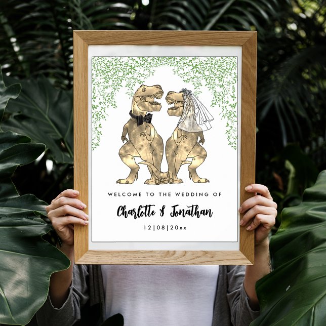 Dinosaurie-tema bröllop välkommen poster (Dinosaur themed wedding welcome poster with funny T-Rex bride and groom and Jurassic jungle foliage )
