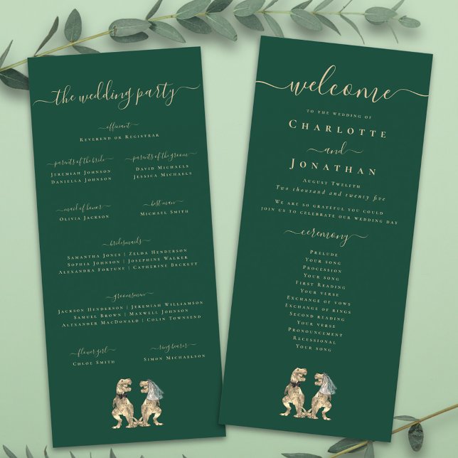 Dinosaurie-tema Bröllopsceremoni Grönt Program (Dinosaur wedding menu card Funny T-Rex bride and groom elegant modern script dark green )
