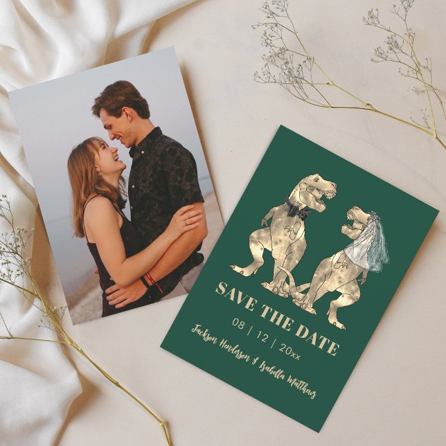 Dinosaurie-tema Bröllopsfoto Grön Spara Datumet (Simple dinosaur theme wedding save the date photo engagement announcement green card)